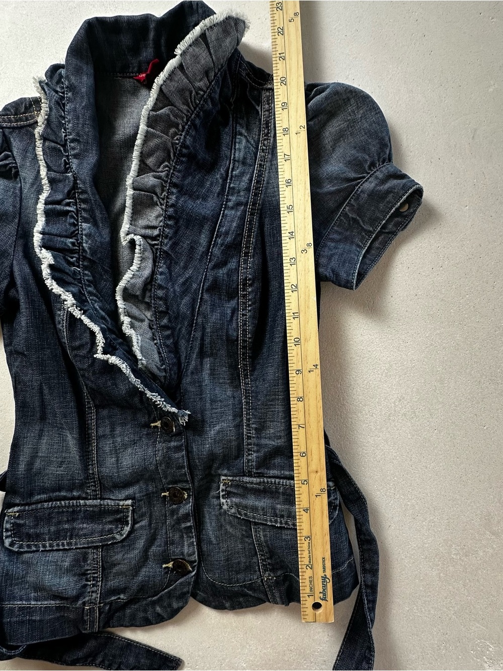 Guess Jeans Dark Denim Ruffled Short-Sleeve Jacket - Picture 7 of 9